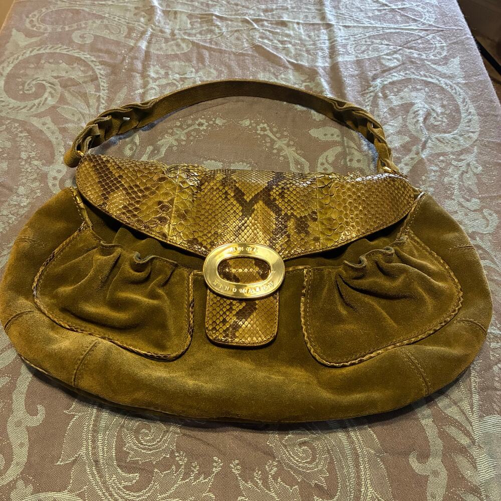 Anya Hindmarch London Olive Suede Python Snakeskin Shoulder Bag Hobo Vintage Y2K